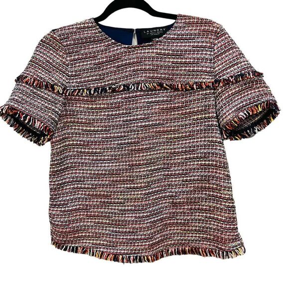 Laundry by shelli segal short sleeve tweed fringe top blouse Small - Picture 5 of 9